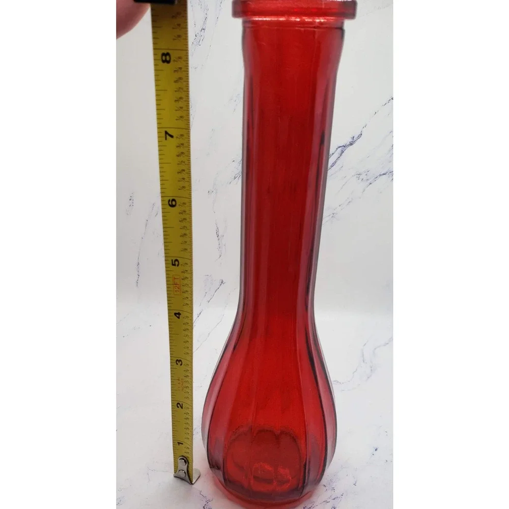 Ribbed Red Ruby 9 Inch Tall Glass Bud Vase